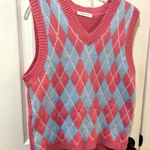 Hyxpels Women's Small Argyle Print Sweater Vest Pink/Blue/White Preppy V-neck - Picture 2 of 5